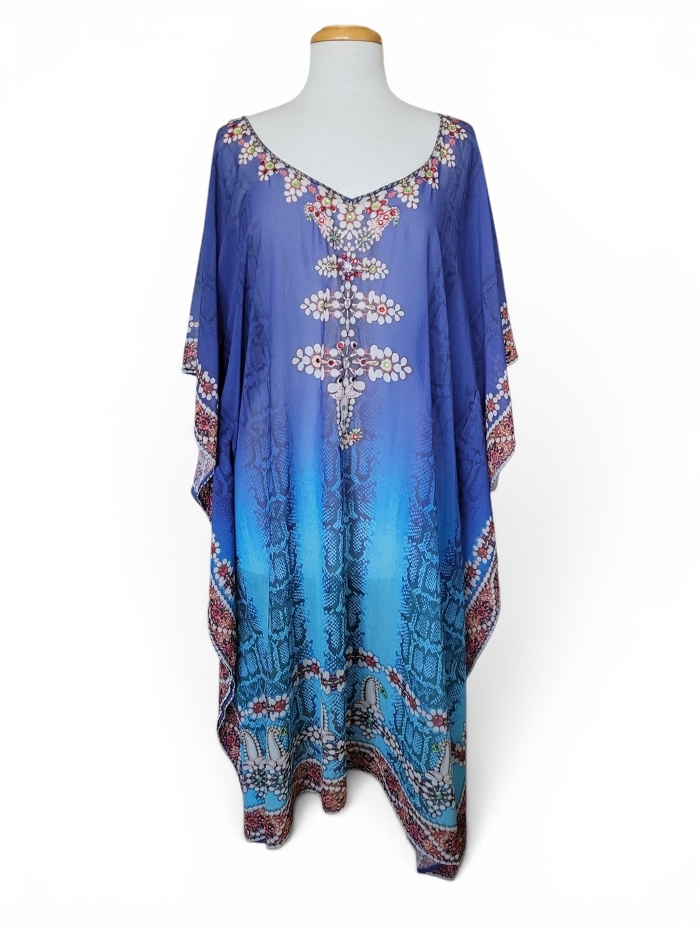 Boho Beaded Blue Ombre Floral Swim Cover-Up Kaftan L / XL
